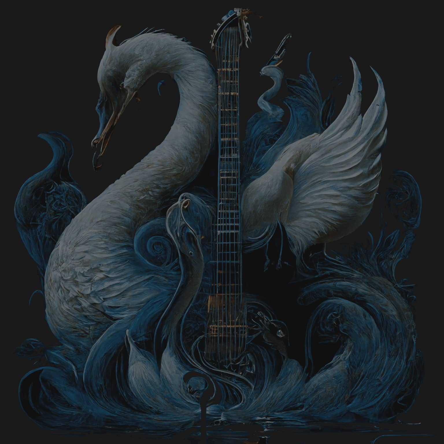 Swan and an electric guitar in dark tones of blue
